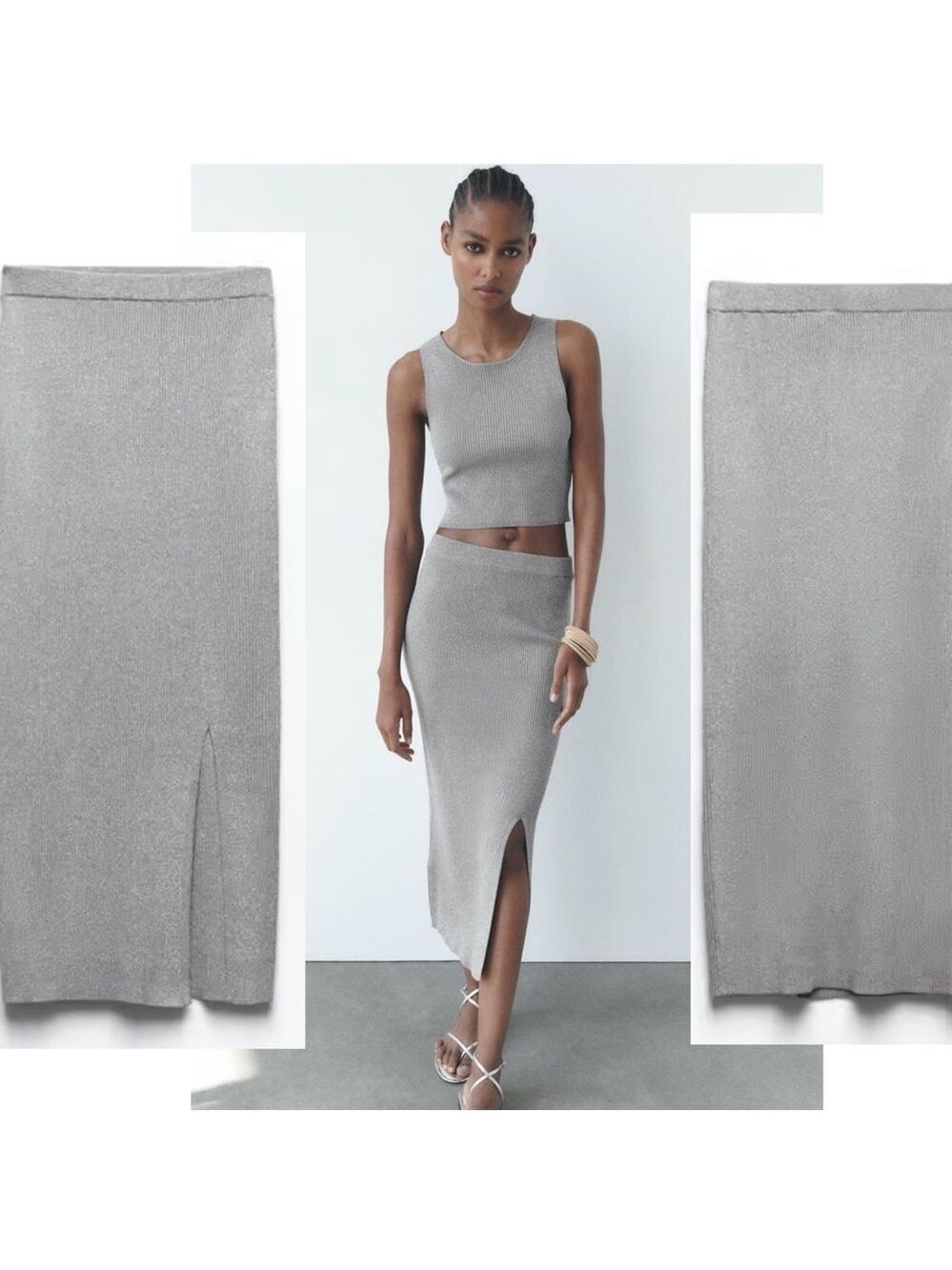 Zara metallic silver thread gray knit midi pencil skirt side slit Sz L NWOT